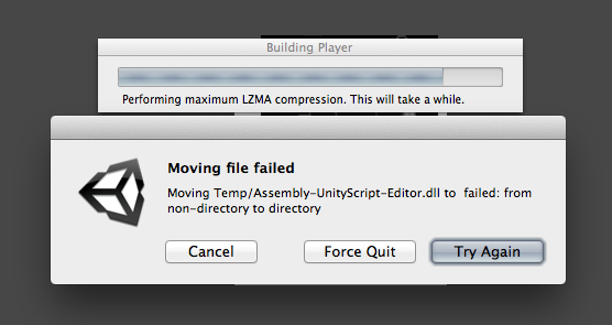 Moving file failed: Moving Temp/Assembly-UnityScript-Editor.dll to  failed: from non-directory to directory